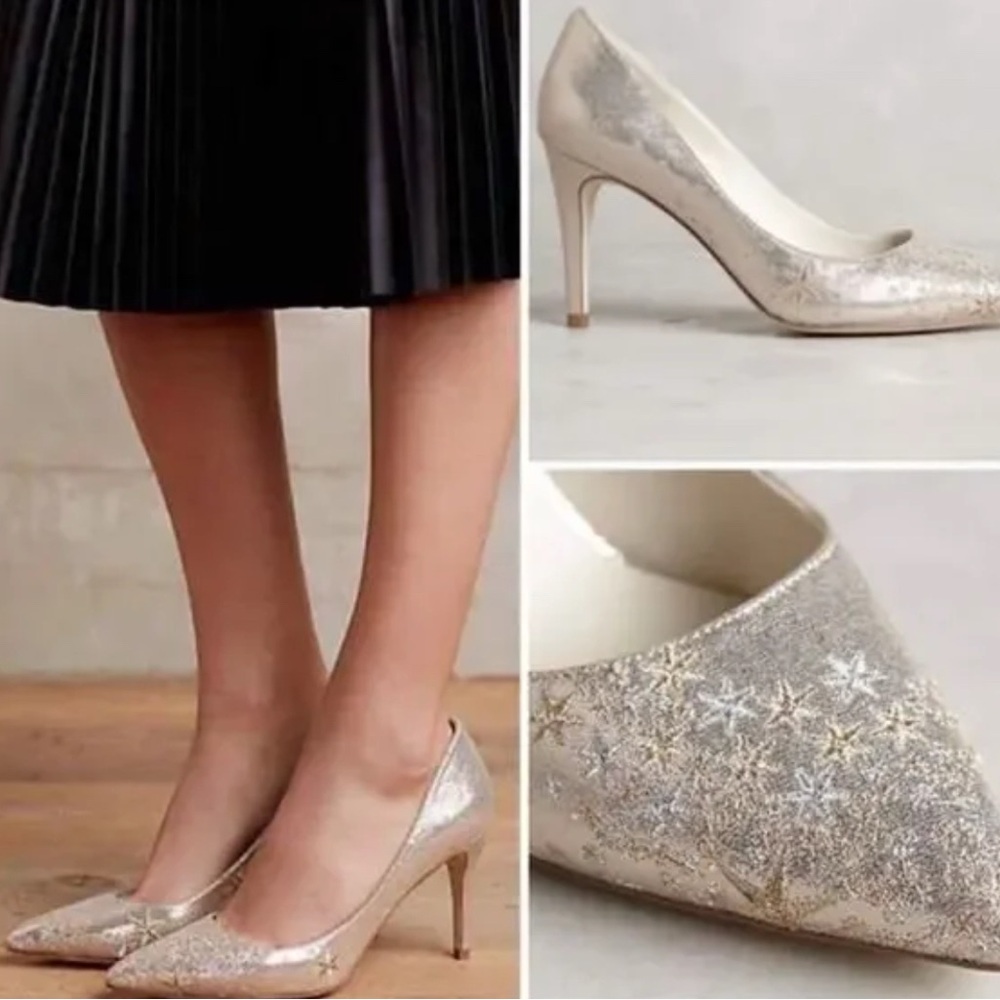 Billy Ella Anthropologie Gold Embroidered Star Heels - Picture 10 of 10